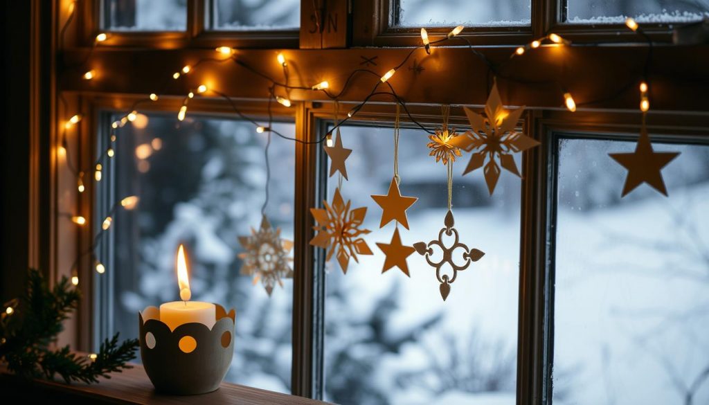 A cozy, intimate scene of a DIY "Lichterkette" adorning a wood-framed window. Strings of warm, twinkling lights cascade gracefully, casting a soft, enchanting glow. In the foreground, a simple KlickKiste candle holder with a flickering flame casts dancing shadows. The middle ground features handcrafted paper snowflakes and stars in natural tones, delicately suspended. The background depicts a serene, snowy outdoor landscape, hinting at the tranquil winter atmosphere. The overall mood is one of enchantment, hygge, and the inviting charm of homemade holiday decor. A cozy, intimate scene of a DIY "Lichterkette" adorning a wood-framed window. Strings of warm, twinkling lights cascade gracefully, casting a soft, enchanting glow. In the foreground, a simple KlickKiste candle holder with a flickering flame casts dancing shadows. The middle ground features handcrafted paper snowflakes and stars in natural tones, delicately suspended. The background depicts a serene, snowy outdoor landscape, hinting at the tranquil winter atmosphere. The overall mood is one of enchantment, hygge, and the inviting charm of homemade holiday decor.