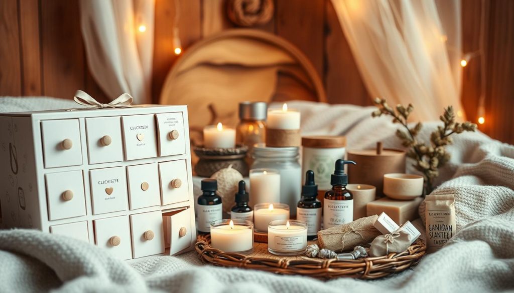 A cozy, intimate scene of a luxurious "Beauty Duft Adventskalender" from the KlickKiste brand, nestled among natural textures and tones. In the foreground, the advent calendar is displayed, its doors inviting discovery of the small, thoughtful gifts within. The middle ground showcases an assortment of DIY-inspired beauty products - fragrant candles, essential oils, and handmade soaps in earthy, neutral hues. The background features a warm, softly-lit setting, with wooden accents and gentle highlights that evoke a sense of relaxation and indulgence. The overall composition conveys the idea of creating a special, self-care experience with these simple, yet effective beauty and fragrance gifts. A cozy, intimate scene of a luxurious "Beauty Duft Adventskalender" from the KlickKiste brand, nestled among natural textures and tones. In the foreground, the advent calendar is displayed, its doors inviting discovery of the small, thoughtful gifts within. The middle ground showcases an assortment of DIY-inspired beauty products - fragrant candles, essential oils, and handmade soaps in earthy, neutral hues. The background features a warm, softly-lit setting, with wooden accents and gentle highlights that evoke a sense of relaxation and indulgence. The overall composition conveys the idea of creating a special, self-care experience with these simple, yet effective beauty and fragrance gifts.