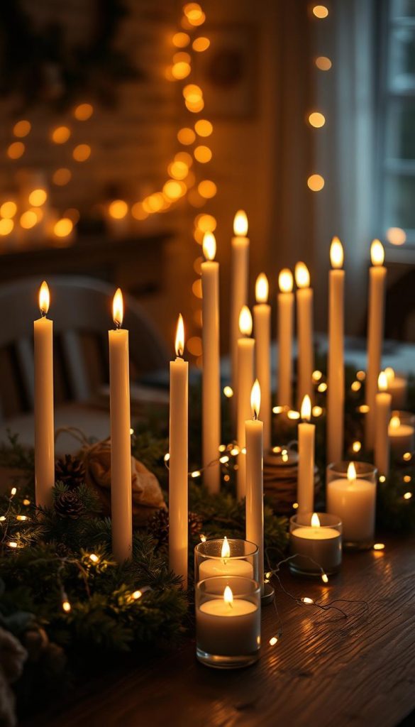 A cozy, intimate scene of glowing candle lights and twinkling fairy lights, creating a warm, inviting ambiance. Delicate, golden-hued flames flicker gently, casting a soft, romantic glow on a rustic, wooden table adorned with natural, winter-inspired accents. Clusters of slim, tapered candles in various heights, interspersed with dainty string lights, weave a magical, Pinterest-inspired display. The moody, autumnal palette evokes a sense of hygge and coziness, perfect for setting the mood for a festive gathering or intimate dinner party.