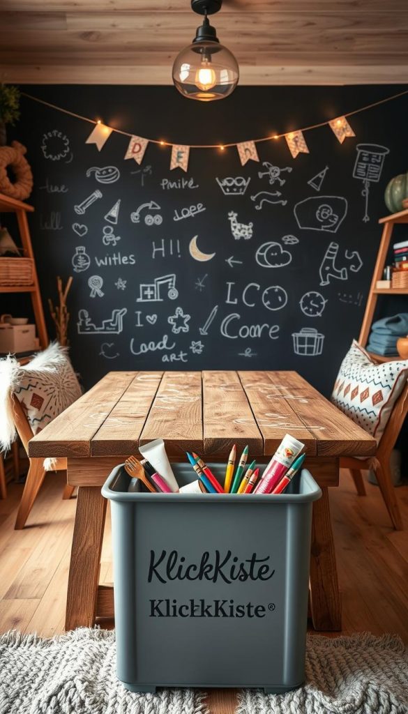A cozy, inviting chalkboard wall in a warm, natural setting. A rustic wooden table, scribbled with colorful drawings, is the centerpiece, surrounded by playful, child-friendly decor. Soft, diffused lighting creates a welcoming atmosphere, while the chalkboard surface offers a blank canvas for imaginative creations. In the foreground, a branded &quot;KlickKiste&quot; storage container holds art supplies, encouraging hands-on exploration. The overall scene exudes a Pinterest-inspired, winter-inspired vibe, perfect for a family-friendly home.