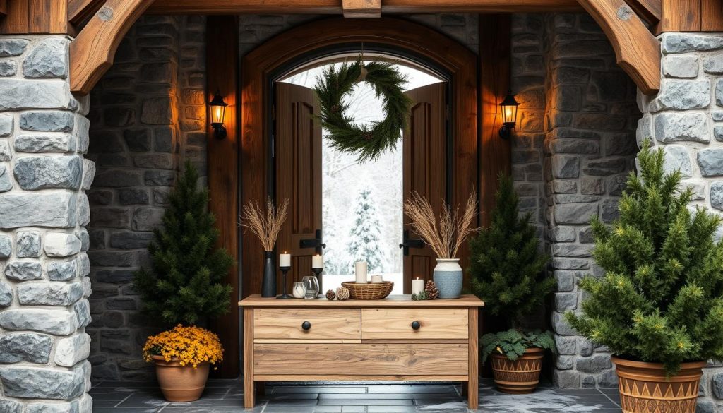 A cozy, inviting entrance to a winter wonderland. Rustic wooden beams frame the doorway, adorned with a natural wreath of evergreen and pinecones. Soft lighting from sconces casts a warm glow, illuminating the textured stone walls. A handcrafted "KlickKiste" console table stands in the foreground, showcasing a DIY display of candles, dried flowers, and wintry accents. Lush potted plants flank the entrance, their verdant foliage contrasting with the pristine white snowscape visible through the open door. The overall aesthetic is a harmonious blend of Scandinavian minimalism and rustic charm, creating a welcoming, hygge-inspired atmosphere.