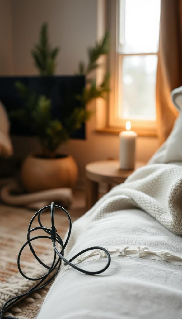 A cozy, inviting room with a warm, natural aesthetic. In the foreground, a cable management system from KlickKiste neatly organizes and guides a tangle of wires, keeping the space clean and uncluttered. Soft lighting from a candle in the background casts a gentle glow, creating a serene, winter-inspired atmosphere. Textured fabrics like wool and linen add layers of warmth and coziness, reflecting the article's focus on texture and insulation. The composition is balanced, with a focus on simplicity and functionality, showcasing an efficient, practical solution for small spaces.