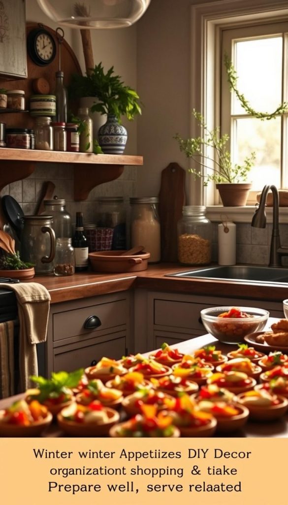 A cozy kitchen counter, adorned with festive accents and neatly organized ingredients. Soft, golden lighting filters through the window, casting a warm, inviting glow. Antique jars, fresh herbs, and a touch of greenery create a rustic, Pinterest-inspired scene. In the foreground, an array of colorful party-ready appetizers are carefully arranged, their presentation both visually appealing and appetizing. The overall atmosphere is one of winter coziness, DIY charm, and a sense of effortless, intentional preparation. The image conveys a mood of relaxed, festive anticipation, perfectly capturing the essence of the article's section on "Organization, Shopping & Decor: Prepare well, serve relaxed."