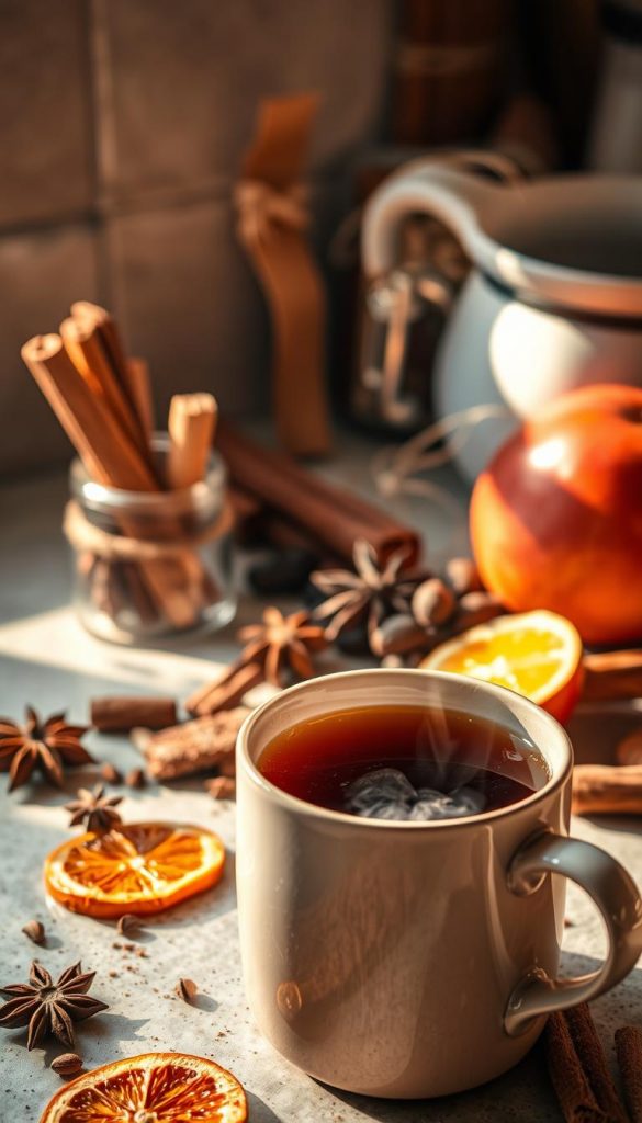 A cozy kitchen counter, bathed in warm, golden light. Carefully arranged, an array of natural herbs and spices - cinnamon sticks, star anise, cloves, and aromatic vanilla bean pods. Surrounding them, a scattering of dried orange slices and cinnamon-dusted apple wedges, evoking the scents of a winter wonderland. In the foreground, a steaming mug of rich, fragrant mulled wine, its aroma mingling with the earthy, spicy notes. The scene exudes a sense of homely comfort and mindful preparation, inviting the viewer to savor the experience of crafting the perfect winter drink, while avoiding common pitfalls of bitterness, excessive sweetness, or unpleasant temperatures. A cozy kitchen counter, bathed in warm, golden light. Carefully arranged, an array of natural herbs and spices - cinnamon sticks, star anise, cloves, and aromatic vanilla bean pods. Surrounding them, a scattering of dried orange slices and cinnamon-dusted apple wedges, evoking the scents of a winter wonderland. In the foreground, a steaming mug of rich, fragrant mulled wine, its aroma mingling with the earthy, spicy notes. The scene exudes a sense of homely comfort and mindful preparation, inviting the viewer to savor the experience of crafting the perfect winter drink, while avoiding common pitfalls of bitterness, excessive sweetness, or unpleasant temperatures.