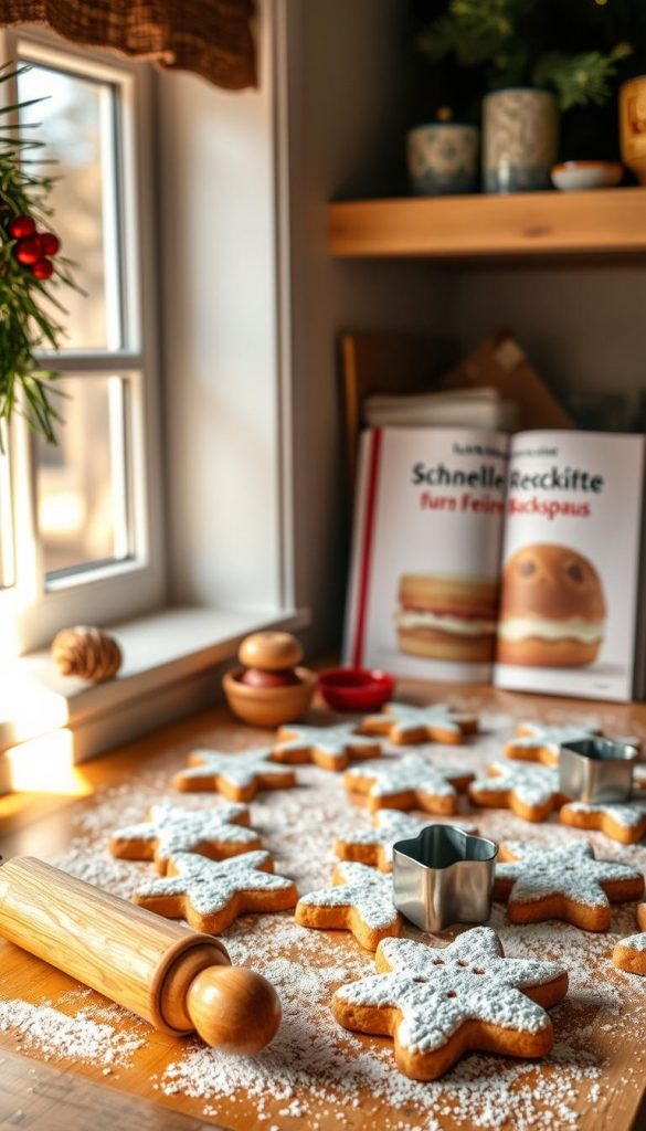 A cozy kitchen counter covered in homemade Christmas cookies, dusted with powdered sugar. In the foreground, a vintage wooden rolling pin and cookie cutters in festive shapes. Warm, natural lighting filters through a nearby window, casting a soft glow. In the background, a KlickKiste branded cookbook open to a page of quick, easy baking recipes. The overall atmosphere is inviting and inspiring, perfect for capturing the &amp;amp;quot;Schnelle Rezepte für den Feierabend-Backspaß&amp;amp;quot; vibe.