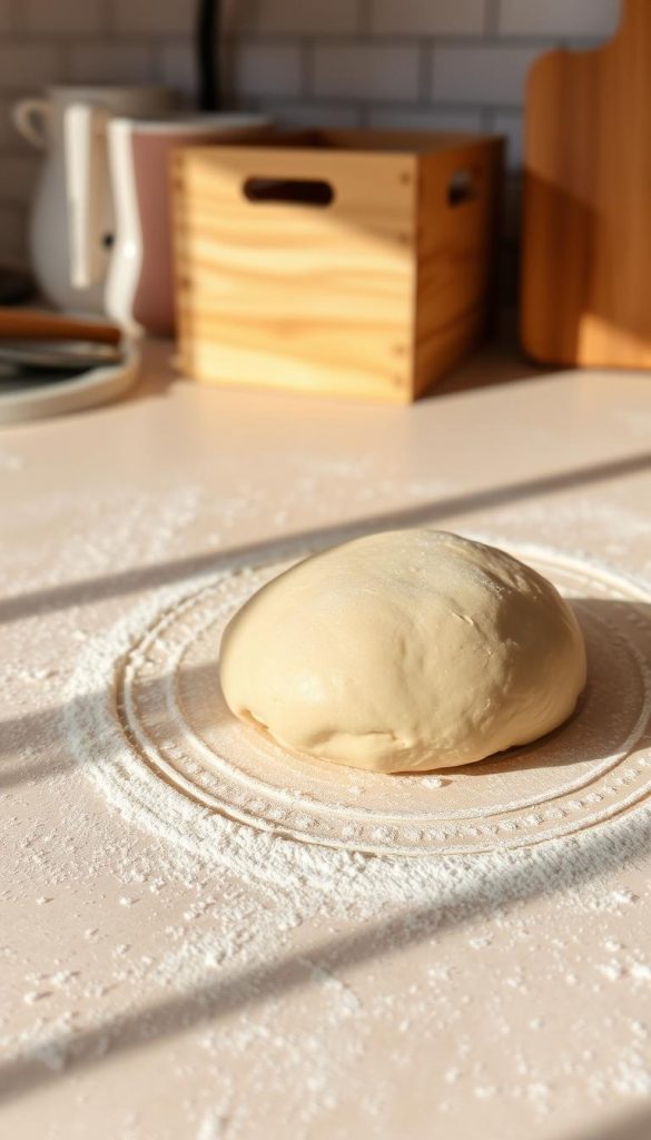 A cozy kitchen counter, dusted with a light layer of flour, sets the stage for the perfect baking session. On the surface, a well-kneaded ball of &quot;teig&quot; rests, its texture invitingly supple and malleable. Warm, natural lighting casts a golden glow, highlighting the smooth, pliable dough - the key to crafting tender, melt-in-your-mouth &quot;Butterplätzchen&quot;. In the background, a wooden KlickKiste stands, hinting at the homemade charm of this scene. Soft, winter-inspired tones and a rustic, Pinterest-worthy aesthetic create an atmosphere of homespun baking delight.