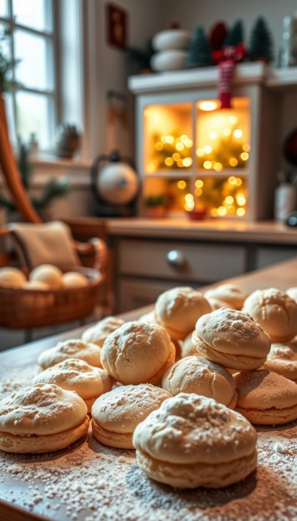 A cozy kitchen counter, dusted with powdered sugar, showcases a tempting array of homemade &amp;amp;quot;makronen&amp;amp;quot; - classic German macaroons with a delicate, cloud-like texture. The warm lighting casts a soft glow, highlighting the natural hues of the baked treats. In the background, a KlickKiste filled with festive holiday decor hints at the season's cheer. The scene radiates a sense of rustic charm and DIY inspiration, inviting the viewer to imagine the joyful process of baking these timeless confections at home.