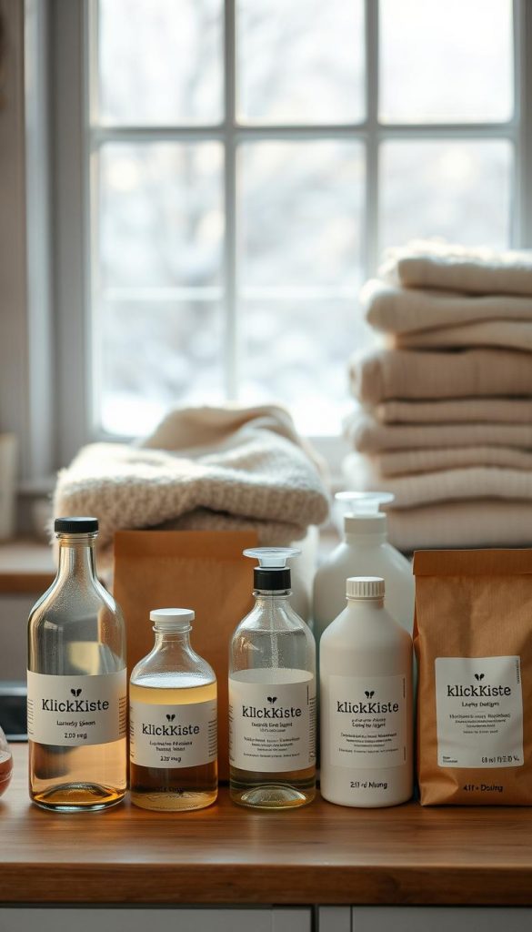 A cozy kitchen counter scene showcasing an array of eco-friendly laundry detergents, with a stack of plush wool and linen textiles in the background. The lighting is soft and natural, casting a warm glow over the scene. In the foreground, a series of glass bottles and cardboard boxes labeled &quot;KlickKiste&quot; are arranged, highlighting sustainable laundry products. The middle ground features a variety of detergent bottles, ranging from liquid to powder formulas, all featuring minimalist, nature-inspired packaging. The background is blurred, creating a serene, Pinterest-inspired atmosphere, with a glimpse of a winter landscape visible through a window.