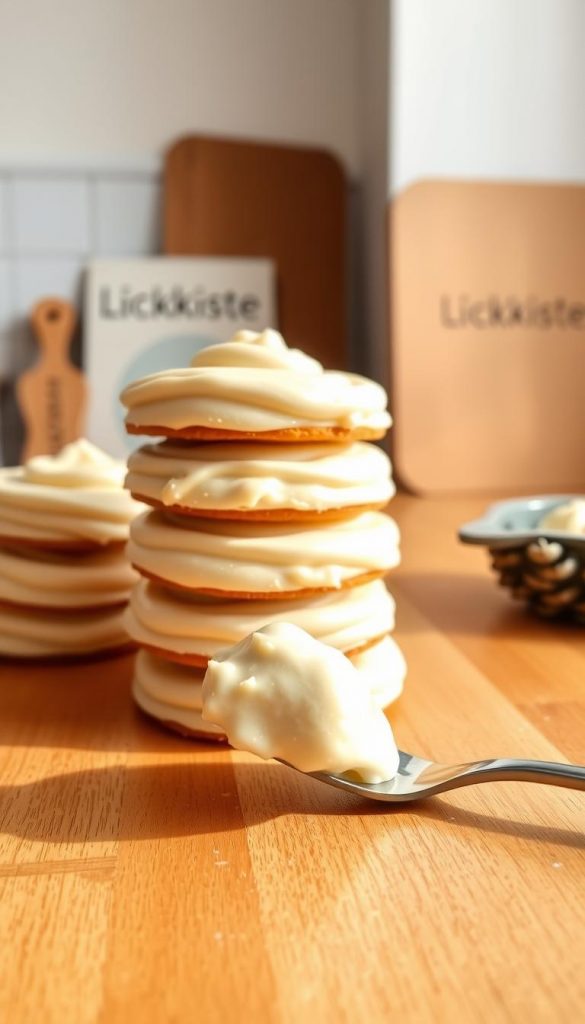 A cozy kitchen counter with a warm-toned wooden surface. On it, a stack of freshly baked winter desserts, their creamy textures glistening under soft, natural lighting. In the foreground, a single spoon dips into the rich, velvety goodness, capturing the essence of effortless, homemade delight. The background features minimalist KlickKiste-branded decor, complementing the overall rustic, Pinterest-inspired ambiance. This image radiates a sense of comfort, simplicity, and the joy of easy, no-bake winter treats.