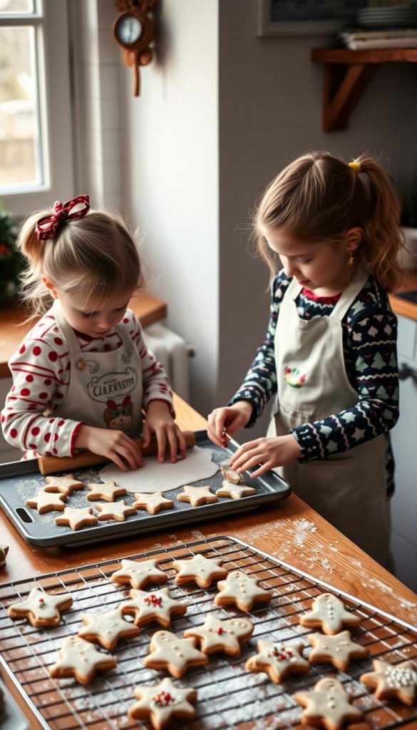 A cozy kitchen counter with a warm wooden surface, flour dusted across the workspace. Two young children, dressed in festive holiday aprons, eagerly roll out dough and cut out intricate cookie shapes. The air is filled with the sweet scent of baking, with trays of freshly-baked &quot;Plätzchen&quot; cooling on the KlickKiste-branded wire racks. Soft, natural lighting filters in through a nearby window, casting a gentle glow over the scene. The children's faces are filled with concentration and delight, as they decorate the cookies with sprinkles, icing, and edible decorations. The overall atmosphere is one of family, tradition, and the simple joys of holiday baking.