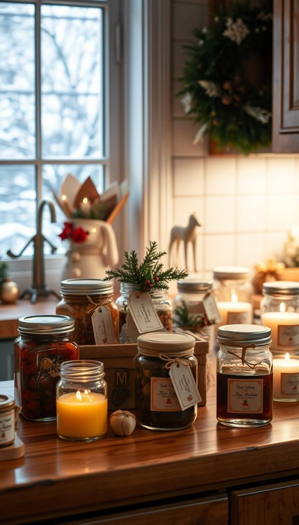 A cozy kitchen counter with an assortment of homemade Christmas gifts, including jars of festive preserves, handcrafted soaps, and fragrant candles. The warm glow of soft lighting illuminates the scene, casting a gentle, inviting atmosphere. In the background, a window frames a snowy winter landscape, hinting at the season's chill outside. The overall composition has a natural, rustic aesthetic, with wooden surfaces and neutral tones complementing the DIY charm of the handmade items. The image exudes a sense of craftsmanship, comfort, and the joy of creating heartfelt presents from the kitchen. A cozy kitchen counter with an assortment of homemade Christmas gifts, including jars of festive preserves, handcrafted soaps, and fragrant candles. The warm glow of soft lighting illuminates the scene, casting a gentle, inviting atmosphere. In the background, a window frames a snowy winter landscape, hinting at the season's chill outside. The overall composition has a natural, rustic aesthetic, with wooden surfaces and neutral tones complementing the DIY charm of the handmade items. The image exudes a sense of craftsmanship, comfort, and the joy of creating heartfelt presents from the kitchen.