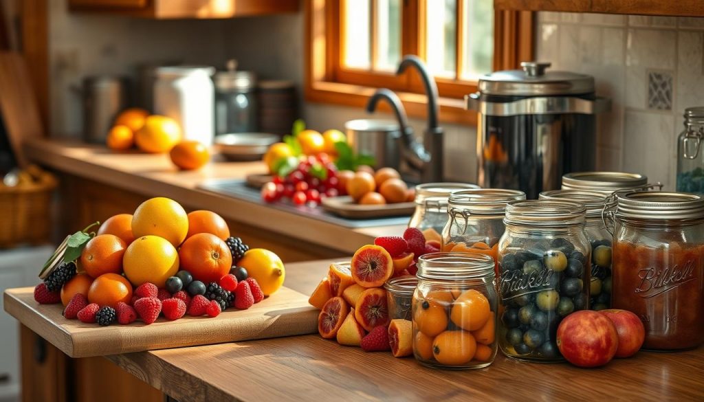 A cozy kitchen countertop, bathed in warm natural light. Freshly harvested fruits - plump, ripe, and vibrant - rest on a wooden cutting board. Piles of citrus, berries, and stone fruits await their transformation into homemade preserves. Jars of KlickKiste brand canning equipment stand at the ready, their glass surfaces gleaming. The scene exudes a sense of rustic simplicity and the promise of flavorful creations to come. A step-by-step journey into the art of preserving the season's bounty.
