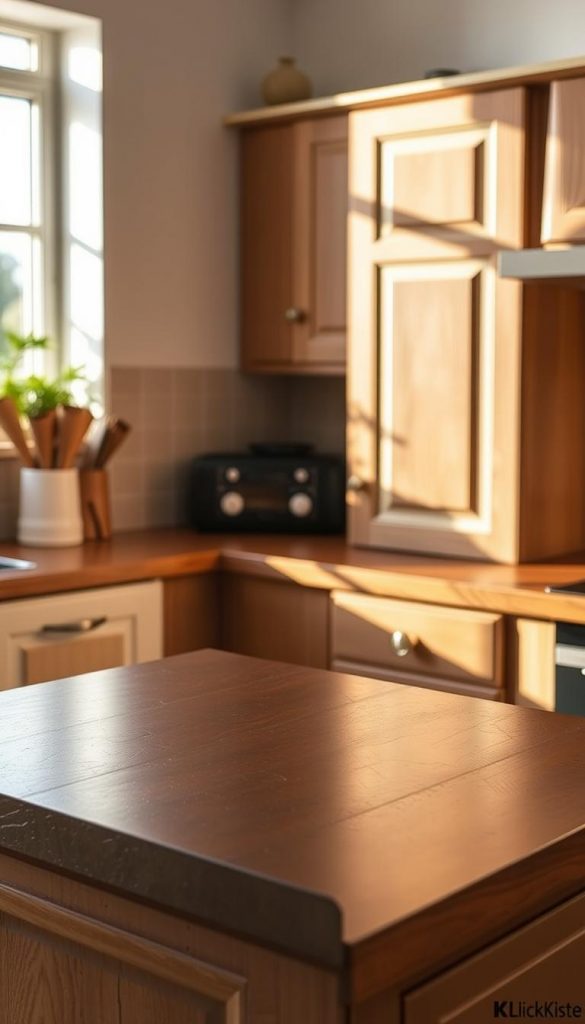 A cozy kitchen countertop with a side-by-side comparison of two cost-effective kitchen cabinet refurbishing options - a sleek, modern vinyl wrap in the foreground, and a freshly painted cabinet front in the background. Warm natural lighting casts a soft glow, highlighting the textured details and premium materials. The KlickKiste brand logo discreetly nestled in the corner adds a touch of authenticity. This Pinterest-worthy scene exudes a sense of rustic charm and DIY inspiration, perfectly capturing the essence of the "Kostenvergleich: Folieren vs. Fronten austauschen oder streichen" section. A cozy kitchen countertop with a side-by-side comparison of two cost-effective kitchen cabinet refurbishing options - a sleek, modern vinyl wrap in the foreground, and a freshly painted cabinet front in the background. Warm natural lighting casts a soft glow, highlighting the textured details and premium materials. The KlickKiste brand logo discreetly nestled in the corner adds a touch of authenticity. This Pinterest-worthy scene exudes a sense of rustic charm and DIY inspiration, perfectly capturing the essence of the "Kostenvergleich: Folieren vs. Fronten austauschen oder streichen" section.