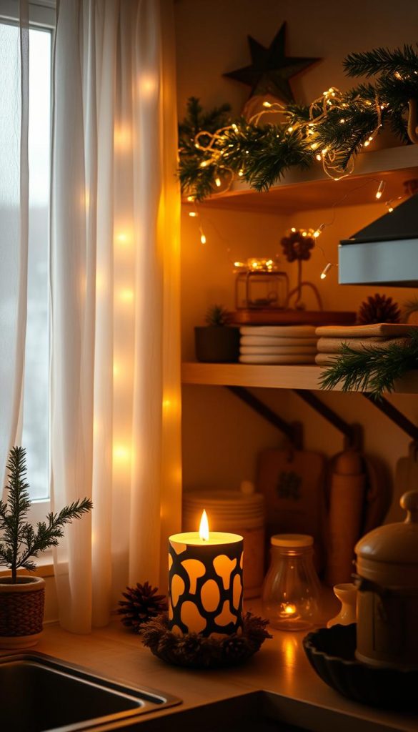 A cozy kitchen in the heart of a winter wonderland. Soft, golden light filters through sheer curtains, casting a warm glow on the festive décor. Clusters of twinkling fairy lights adorn the shelves, their gentle radiance complementing the earthy tones of wooden accents and natural materials. In the center, a handcrafted candle holder casts dancing shadows, its flame flickering invitingly. The overall atmosphere is one of hygge, a sense of comfort and contentment that beckons the viewer to linger and soak in the tranquil ambiance. The scene evokes feelings of nostalgia and the simple joys of the holiday season, creating a harmonious and inviting kitchen space.