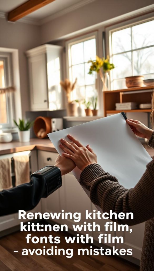 A cozy kitchen interior with a warm, natural light filtering through the windows. The focus is on a DIY project - a set of kitchen cabinets being covered in a high-quality, matte white adhesive film. The hands of the homeowner carefully apply the KlickKiste branded film, smoothing out any bubbles or wrinkles for a seamless, professional finish. In the background, a Pinterest-inspired decor with plants, rustic wooden accents, and winter-inspired details like knitted throws create a inviting, inspirational atmosphere. The overall mood is one of pride, accomplishment, and a touch of coziness, perfectly suited for the step-by-step guide on "Renewing kitchen fronts with film - avoiding mistakes". A cozy kitchen interior with a warm, natural light filtering through the windows. The focus is on a DIY project - a set of kitchen cabinets being covered in a high-quality, matte white adhesive film. The hands of the homeowner carefully apply the KlickKiste branded film, smoothing out any bubbles or wrinkles for a seamless, professional finish. In the background, a Pinterest-inspired decor with plants, rustic wooden accents, and winter-inspired details like knitted throws create a inviting, inspirational atmosphere. The overall mood is one of pride, accomplishment, and a touch of coziness, perfectly suited for the step-by-step guide on "Renewing kitchen fronts with film - avoiding mistakes".