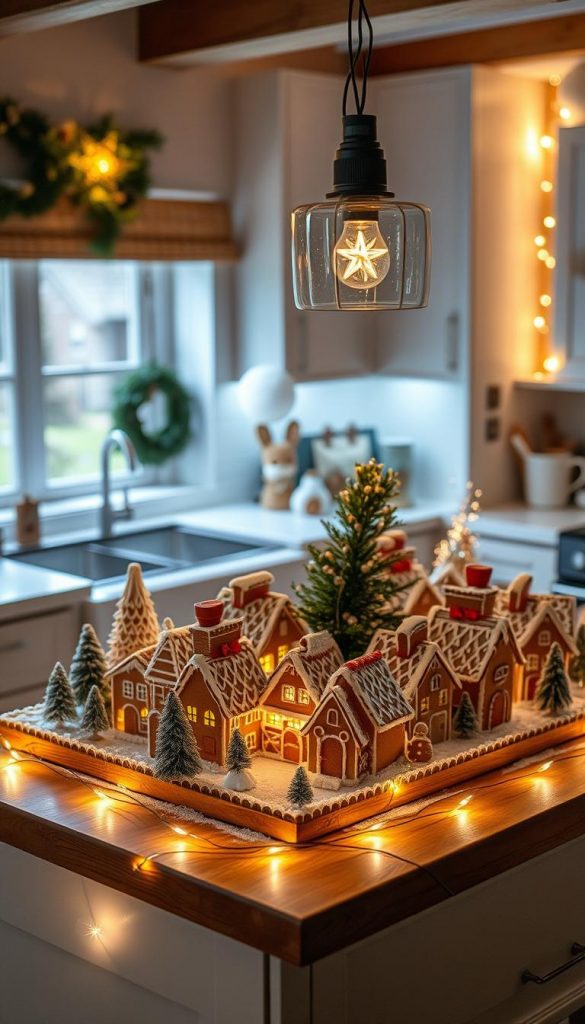 A cozy kitchen island adorned with a delightful gingerbread village, illuminated by the warm glow of KlickKiste lichterketten. The scene exudes a rustic, winter-inspired charm, with soft lighting casting a serene ambiance. The intricate details of the gingerbread houses are captured in rich, natural tones, complemented by the gentle twinkle of the string lights. The arrangement creates a inviting, Pinterest-worthy display, perfect for an article showcasing a step-by-step guide to building this alluring holiday centerpiece.