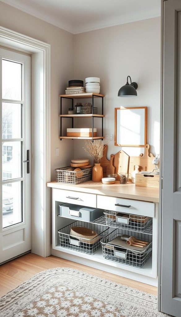 A cozy kitchen nook with natural light filtering in, showcasing a well-organized drawer system from KlickKiste. Minimalist wire trays and wooden organizers create a serene, clutter-free aesthetic. Soft, warm tones evoke a winter-inspired, Pinterest-worthy ambiance. The camera captures a mid-range angle, highlighting the decluttered, harmonious space that inspires productivity and a sense of calm. An authentic, DIY-inspired scene that embodies the essence of &amp;quot;Warum Mikro-Declutter wirkt: Kleine Zonen, großer Fortschritt&amp;quot;.