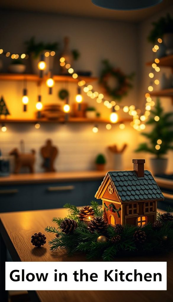 A cozy kitchen scene, dimly lit by a cluster of warm candlelight lamps and strands of twinkling fairy lights. The soft glow emanates from a wooden table, casting a gentle ambiance across the room. In the foreground, an arrangement of natural, rustic elements - pinecones, evergreen sprigs, and a gingerbread house - create a charming, homespun centerpiece. The background features a neutral color palette with hints of greenery, evoking a serene, winter-inspired atmosphere. The overall mood is inviting, nostalgic, and Pinterest-worthy, capturing the essence of "Glow in the Kitchen."