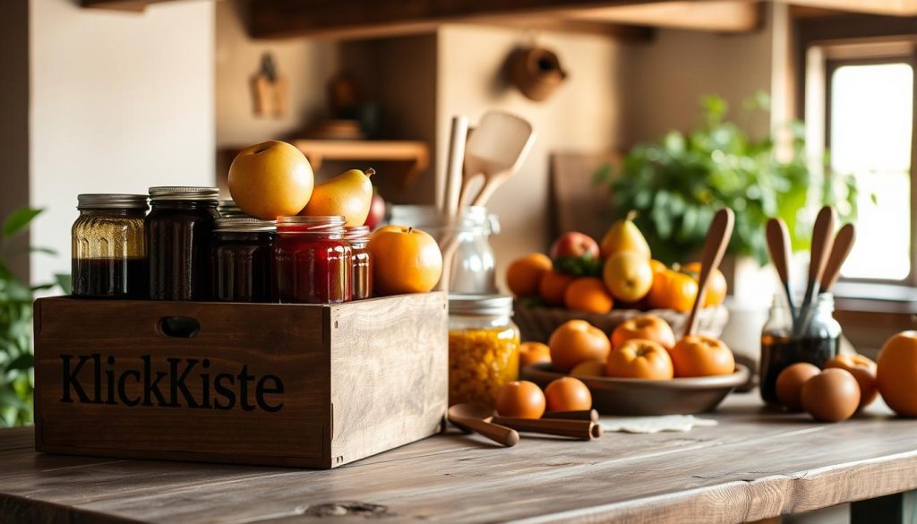 A cozy kitchen scene featuring a rustic wooden table with a variety of fresh seasonal fruits arranged in an artful display. The lighting is soft and warm, casting a gentle glow over the scene. In the foreground, a wooden crate labeled &quot;KlickKiste&quot; holds an assortment of jars, some filled with homemade jams and preserves. The middle ground showcases a selection of whole fruits, such as apples, pears, and oranges, arranged alongside a few simple utensils. The background features a natural, earthy palette with exposed wooden beams and a subtle backdrop of greenery, creating a serene, homey atmosphere perfect for DIY projects and kitchen creations.