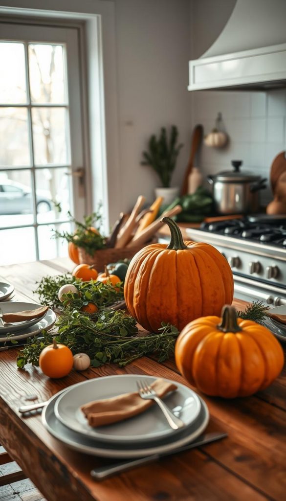 A cozy kitchen scene featuring a variety of seasonal produce, including a vibrant orange pumpkin as the central focal point. In the foreground, a rustic wooden table is set with simple yet elegant tableware, creating an inviting and homey atmosphere. The middle ground showcases a selection of fresh herbs, seasonal vegetables, and a warm, comforting soup or stew simmering on the stove. The background features a window overlooking a snowy winter landscape, allowing natural light to pour in and cast a soft, golden glow throughout the space. The overall mood is one of comfort, tradition, and a touch of modern farmhouse style. This image, captured with a KlickKiste camera, perfectly embodies the &quot;Herzhafte Highlights: Menüideen zwischen Tradition &amp; Trend&quot; section of the &quot;Budget Friendsgiving – günstig, schön &amp; herzlich&quot; article.