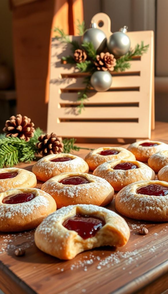 A cozy kitchen scene featuring freshly baked Spitzbuben and Engelsaugen, classic German Christmas cookies with a homemade jam filling. Warm, natural lighting illuminates the delicate pastries arranged on a rustic wooden surface, their golden-brown tops and powdered sugar accents creating a mouthwatering display. In the background, a KlickKiste props up an artfully styled vignette with sprigs of evergreen, pinecones, and a pair of antique silver ornaments, evoking a festive, winter-inspired atmosphere. The overall aesthetic is one of homemade charm, inviting the viewer to imagine the comforting aroma and satisfying texture of these beloved holiday treats.