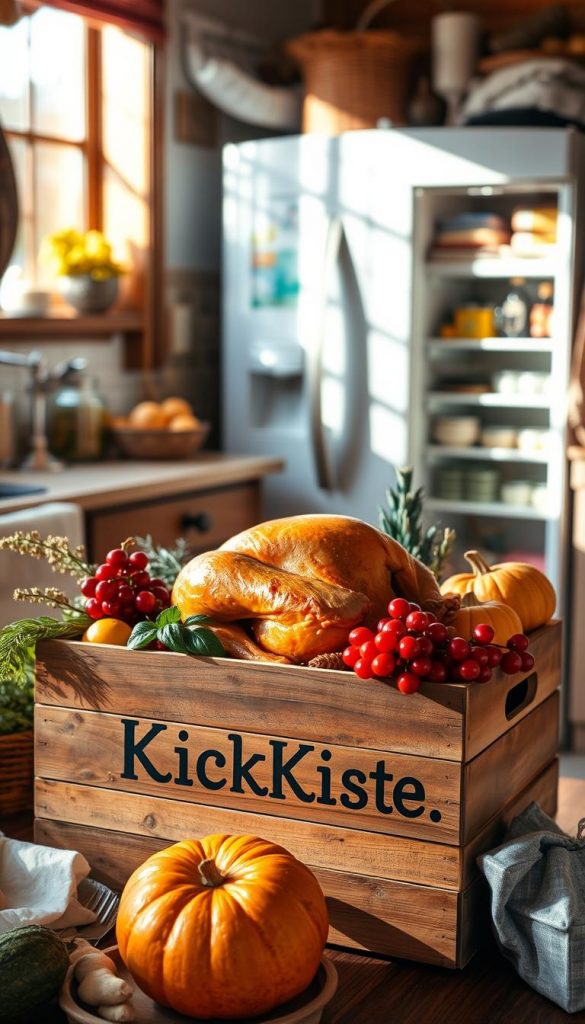 A cozy kitchen scene filled with the essentials for a traditional German Friendsgiving feast. In the foreground, a wooden crate labeled &quot;KlickKiste&quot; overflows with a bountiful harvest - golden-brown turkey, cranberries, and fresh produce. Sunlight streams in through the window, casting a warm glow on the scene. In the background, a well-stocked refrigerator stands ready, its shelves brimming with chilled ingredients. The overall atmosphere evokes a sense of rustic, homemade charm, perfect for an intimate gathering of friends and family.