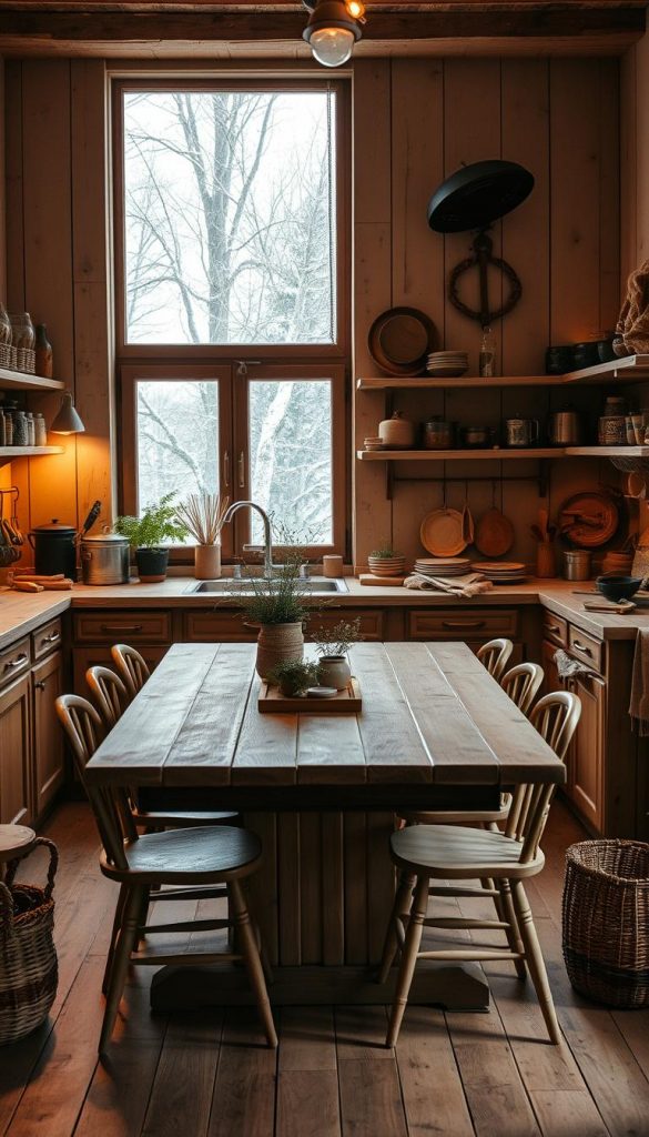 A cozy kitchen scene in winter, with warm wooden tones and natural textures. The room is filled with soft, ambient lighting, casting a cozy glow on the rustic shelves, pots, and utensils. In the center, a large, antique wooden table stands, surrounded by simple, yet charming chairs. Potted plants and a woven basket add natural accents, while the snow-capped trees visible through the window frame the inviting space. The overall atmosphere evokes a sense of hygge and hominess, perfect for KlickKiste's &quot;Winter-Putzplan in 7 Zonen – realistisch &amp; schnell&quot; article.