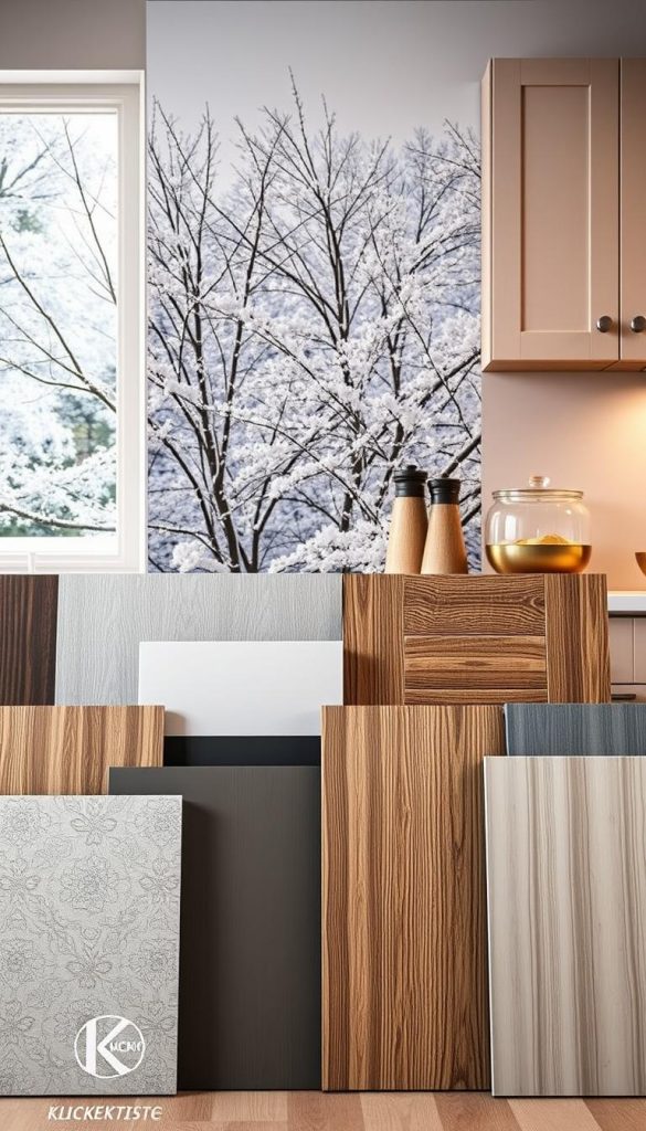 A cozy kitchen scene showcasing a variety of kitchen front design options from the KlickKiste brand. The foreground features an assortment of textured materials, patterns, and colors - ranging from smooth matte surfaces to rustic woodgrains and sleek metallics. The middle ground presents a winter-inspired backdrop with soft, warm lighting casting a gentle glow, creating a Pinterest-worthy aesthetic. The background subtly hints at the kitchen's surroundings, evoking a sense of homely comfort and DIY inspiration. The overall composition emphasizes the versatility of kitchen front options, inviting the viewer to envision their own design preferences. A cozy kitchen scene showcasing a variety of kitchen front design options from the KlickKiste brand. The foreground features an assortment of textured materials, patterns, and colors - ranging from smooth matte surfaces to rustic woodgrains and sleek metallics. The middle ground presents a winter-inspired backdrop with soft, warm lighting casting a gentle glow, creating a Pinterest-worthy aesthetic. The background subtly hints at the kitchen's surroundings, evoking a sense of homely comfort and DIY inspiration. The overall composition emphasizes the versatility of kitchen front options, inviting the viewer to envision their own design preferences.