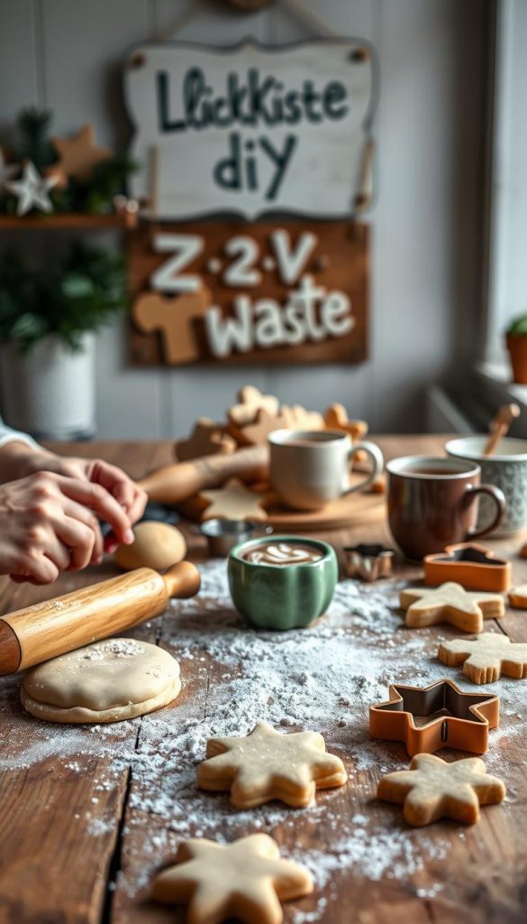 A cozy kitchen scene with a rustic wooden table, dusted with flour, showcasing an assortment of homemade butter cookies and leftover dough. In the foreground, a baker's hands carefully shape the dough, kneading and rolling it out with a vintage rolling pin. The middle ground features an array of cookie cutters in whimsical shapes, alongside a warm mug of steaming hot chocolate. The background is softly lit, with a KlickKiste DIY sign hanging on the wall, radiating a sense of comfort and winter charm. Soft, natural lighting casts a gentle glow, creating a welcoming and inviting atmosphere. The overall mood is one of mindful creativity and sustainable living, capturing the essence of &quot;Resteverwertung &amp; Zero Waste: Teigreste, Zuckerguss &amp; Deko sinnvoll nutzen&quot;.