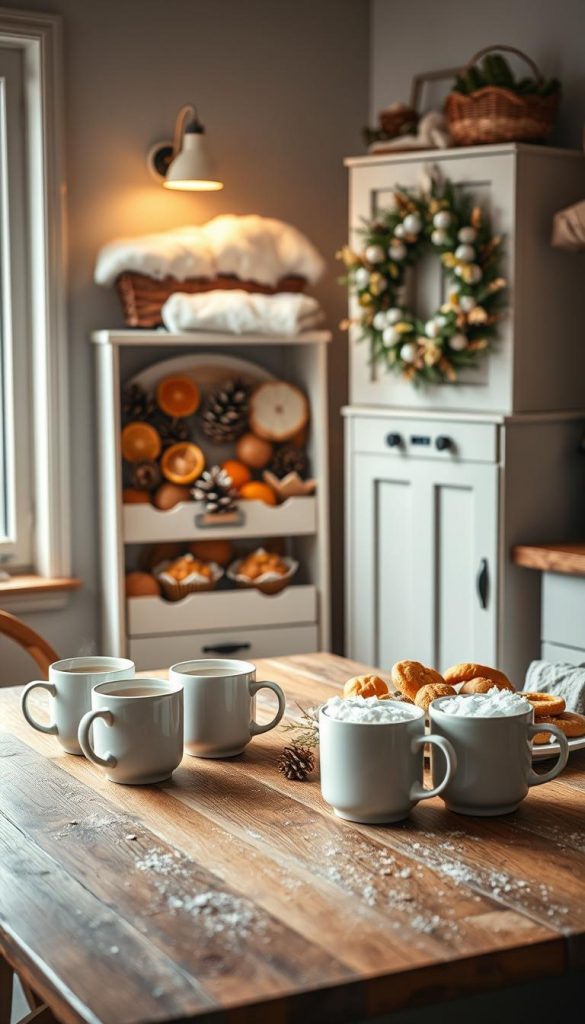 A cozy kitchen scene with a welcoming winter-themed display. In the foreground, a rustic wooden table is set with steaming mugs of hot chocolate, festive mugs, and a selection of homemade baked goods. The middle ground features a KlickKiste storage unit filled with natural, DIY-inspired decor elements like pinecones, dried citrus slices, and a minimalist wreath. Soft, warm lighting casts a glowing ambiance, complemented by a snow-covered windowsill in the background. The overall mood is inviting, family-friendly, and authentically Pinterest-inspired.