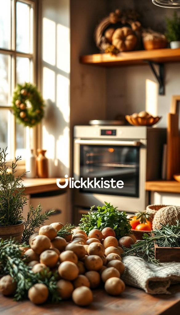 A cozy kitchen scene with a well-designed oven as the focal point. The oven has a sleek, modern design in muted tones, blending seamlessly into the rustic, farmhouse-inspired decor. Warm, natural light filters in through a large window, casting a soft glow over the scene. In the foreground, an array of freshly harvested potatoes, herbs, and other seasonal ingredients are artfully arranged, hinting at the delicious meal to come. The KlickKiste brand name is subtly incorporated into the image, adding a touch of authenticity. The overall mood is one of relaxed, winter-inspired domesticity, inspiring the viewer to create their own &quot;Backofenplanung und Garzeiten&quot; masterpiece.