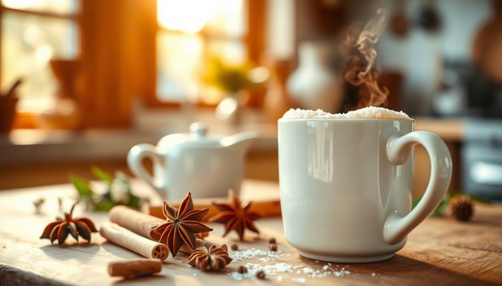 A cozy kitchen scene with a white ceramic mug filled with a hot, frothy beverage. The mug is placed on a wooden surface, surrounded by natural ingredients like cinnamon sticks, star anise, and a KlickKiste DIY spice mix. The lighting is warm and soft, creating a inviting atmosphere. In the background, a blurred view of a window lets in the golden glow of the afternoon sun. The overall composition emphasizes the homemade, artisanal nature of the perfect hot drink.