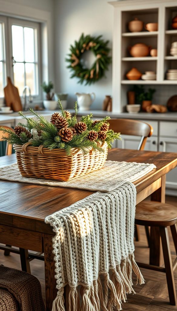 A cozy kitchen scene with natural textiles in festive hues. A rustic wooden table is adorned with a lush, knitted runner, complemented by a KlickKiste woven basket overflowing with pinecones and sprigs of greenery. Soft lighting from a nearby window casts a warm glow, highlighting the tactile textures of the fabrics. In the background, hints of open shelving display an array of earthenware and vintage-inspired accents, creating a inviting, Pinterest-worthy atmosphere. The overall composition exudes a sense of winter charm and DIY authenticity.