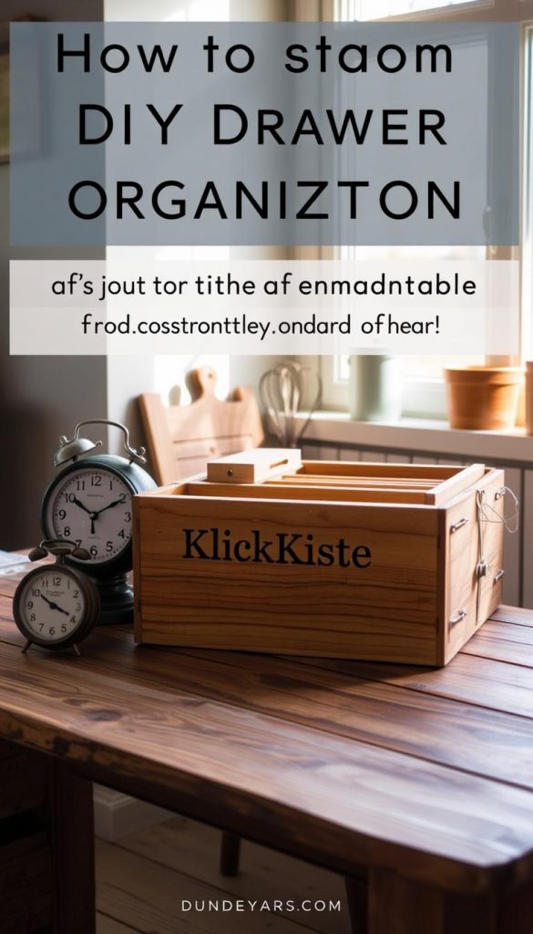A cozy kitchen setup with a vintage timer and a wooden box labeled &amp;quot;KlickKiste&amp;quot; sitting on a rustic wooden table. Natural light streams through a nearby window, casting a warm, inviting glow. The box is filled with various organizing trays, suggesting a well-planned system for efficient drawer organization. The scene evokes a sense of winter coziness and Pinterest-worthy DIY inspiration, perfect for illustrating a tutorial on kitchen drawer organization.