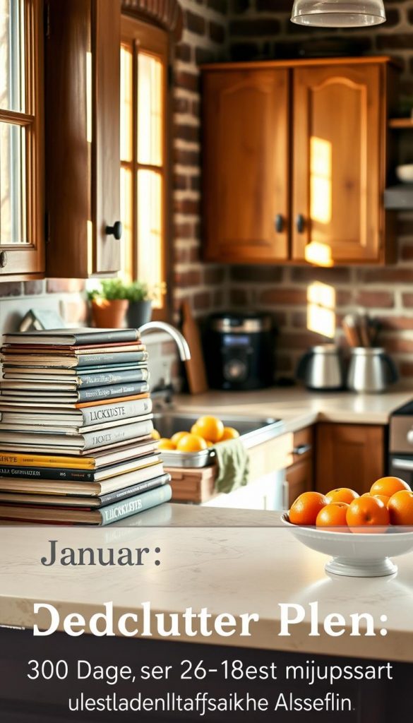 A cozy kitchen with warm, natural lighting filtering through the windows, highlighting the rustic wooden cabinets and exposed brick walls. On the countertop, a stack of vintage cookbooks, a KlickKiste basket, and a bowl of fresh citrus fruits, creating a charming, winter-inspired scene. The overall atmosphere is inviting and Instagram-worthy, perfect for the &quot;Januar Declutter Plan: 30 Tage, 15 Minuten - dein alltagstauglicher Ablauf&quot; section of the article.