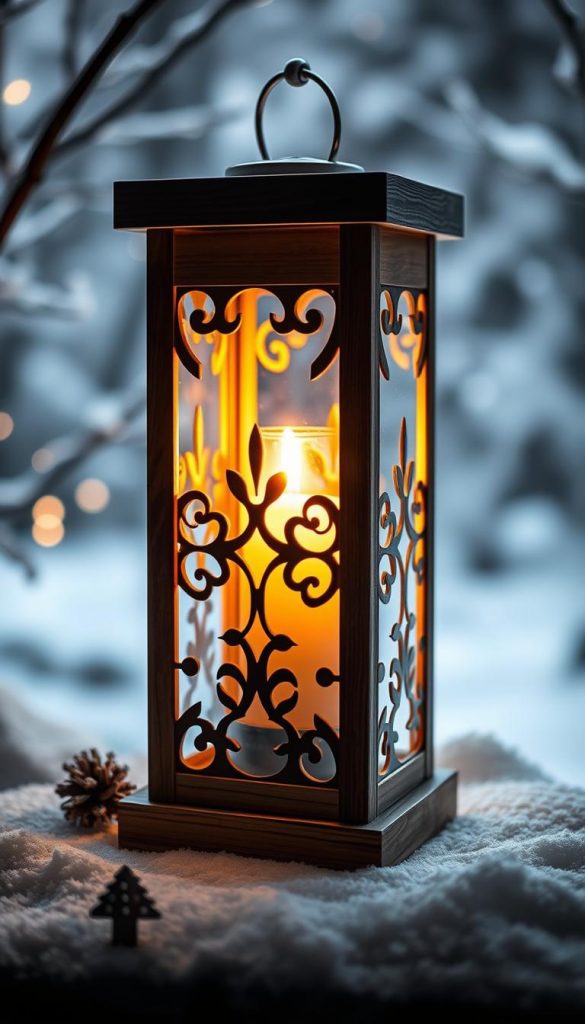 A cozy lantern with a rustic charm, bathed in the warm glow of a flickering flame. The KlickKiste wooden candle holder stands tall, its intricate design casting mesmerizing shadows on the surrounding surfaces. Nestled in a winter wonderland backdrop, the lantern embodies the spirit of the season, inviting a sense of comfort and safety. Soft, natural tones blend seamlessly, creating a Pinterest-worthy scene that radiates a calming ambiance. This is the perfect solution for safe, atmospheric lighting - whether indoors or out, the KlickKiste lantern brings a touch of holiday magic to any space.