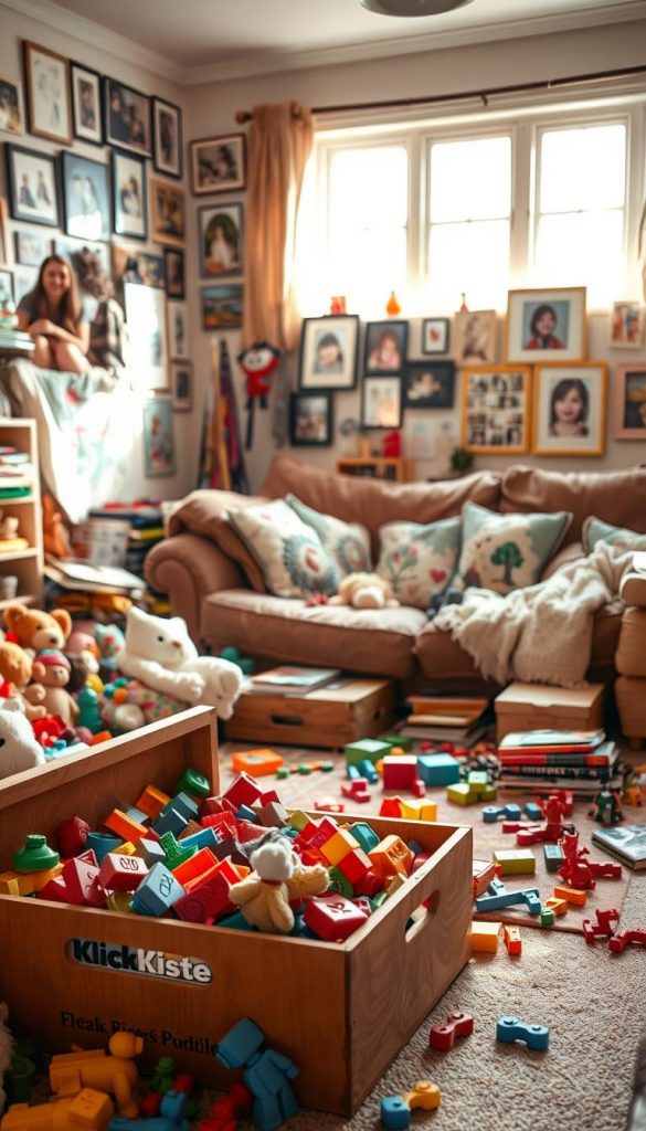 A cozy, lived-in family room filled with the comforting chaos of childhood. A mix of plush toys, scattered books, and homemade crafts create a warm, inviting atmosphere. Warm, natural light filters in through the windows, casting a soft glow over the scene. In the foreground, a KlickKiste toy box overflows with scattered building blocks and colorful figurines, hinting at hours of imaginative play. The middle ground features a well-loved sofa, its cushions adorned with handmade quilts and pillows. In the background, a wall gallery showcases framed family photos and children's artwork, capturing the loving, authentic spirit of the space. The overall impression is one of a thriving, dynamic household - a place where creativity, play, and cherished memories abound.