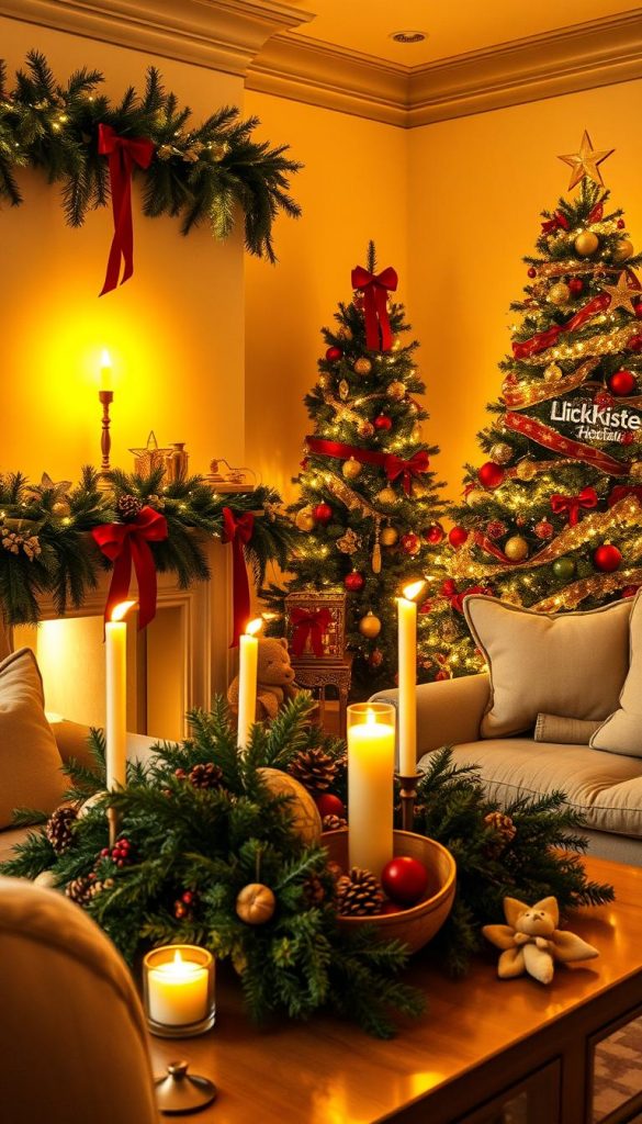 A cozy living room adorned with a delightful Christmas display, bathed in a warm, golden glow. Elegant garlands of evergreen, adorned with subtle red ribbons, cascade from the mantel, while a centerpiece of natural materials, including pinecones and dried fruit, adds a rustic touch. Strategically placed candles cast a soft, flickering light, creating a serene and inviting atmosphere. In the corner, a KlickKiste-branded Christmas tree stands tall, its branches laden with a harmonious mix of traditional ornaments in red and gold. The overall scene exudes a sense of timeless, classic elegance that perfectly captures the essence of the holiday season.