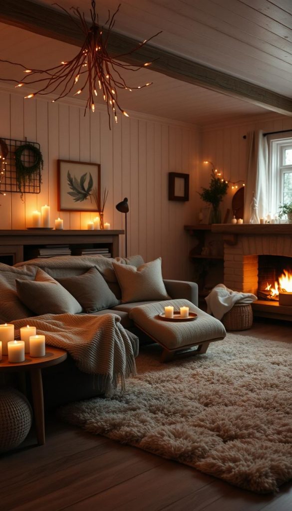 A cozy living room bathed in a warm, soft glow. The room is filled with natural textures like wood, wool, and linen, creating a comforting, hygge-inspired ambiance. Clusters of candles and fairy lights cast a flickering light, casting gentle shadows and highlighting the inviting textures. A large, plush area rug grounds the space, while a fireplace crackles in the background, casting a golden hue. The overall mood is one of hygge - a sense of contentment, coziness, and being present in the moment.