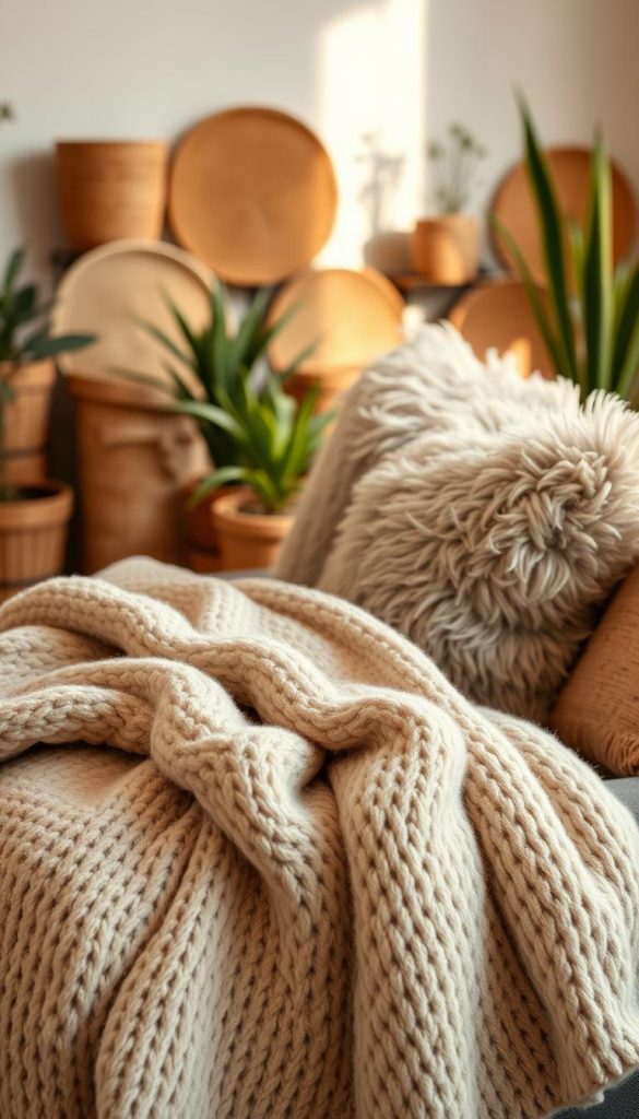 A cozy living room scene, bathed in soft, warm lighting. In the foreground, a plush, textured throw blanket in a neutral hue drapes invitingly over a comfortable sofa. Fluffy, oversized throw pillows in muted tones of beige and gray add to the snug, homey ambiance. In the background, a neatly arranged display of woven baskets and potted plants creates a natural, earthy atmosphere. The overall mood is one of hygge-inspired coziness and relaxation, perfect for curling up on a chilly winter evening.