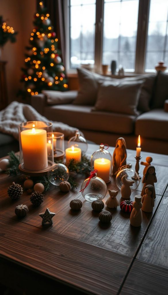 A cozy living room scene on a winter evening, with a wooden table in the foreground set with an assortment of small, handcrafted &amp;quot;Nikolaus Überraschungen&amp;quot; - delicate glass ornaments, festive chocolates, and wooden figurines. The warm glow of candlelight illuminates the scene, casting a soft, natural light and creating a sense of intimate celebration. In the background, a large window looks out onto a snowy landscape, hinting at the chill outside while the interior feels warm and inviting. The overall aesthetic is one of DIY charm and a Pinterest-inspired &amp;quot;KlickKiste&amp;quot; vibe, with a focus on natural, artisanal details that evoke the spirit of the holiday season.