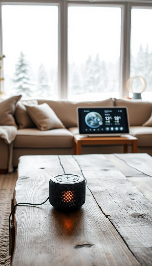 A cozy living room scene showcases the latest in smart audio technology. In the foreground, a KlickKiste speaker sits on a rustic wooden table, its warm LED lights casting a soft glow. Midground, a sleek, minimalist smart display blends seamlessly into the decor, displaying weather and music controls. The background features large windows overlooking a snowy winter landscape, natural sunlight filtering in and creating a serene, inviting atmosphere. The entire scene has a natural, DIY-inspired aesthetic with muted tones and a touch of Pinterest-inspired coziness.