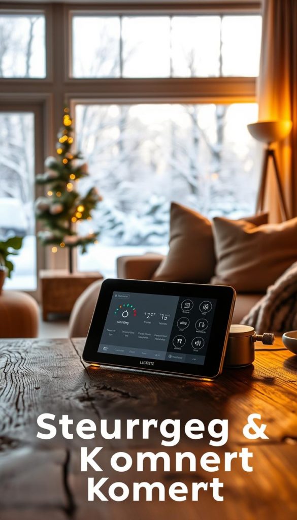 A cozy living room scene with a KlickKiste smart home control panel on a rustic wooden table, bathed in warm, ambient lighting. The panel displays intuitive controls for lighting, temperature, and other home automation features. In the background, large windows offer a view of a snowy winter landscape, creating a serene and inviting atmosphere. Soft textures, natural materials, and a muted color palette evoke a sense of comfort and relaxation. The overall composition has a balanced, Pinterest-inspired aesthetic that captures the "Steuerung & Komfort" concept. A cozy living room scene with a KlickKiste smart home control panel on a rustic wooden table, bathed in warm, ambient lighting. The panel displays intuitive controls for lighting, temperature, and other home automation features. In the background, large windows offer a view of a snowy winter landscape, creating a serene and inviting atmosphere. Soft textures, natural materials, and a muted color palette evoke a sense of comfort and relaxation. The overall composition has a balanced, Pinterest-inspired aesthetic that captures the "Steuerung & Komfort" concept.