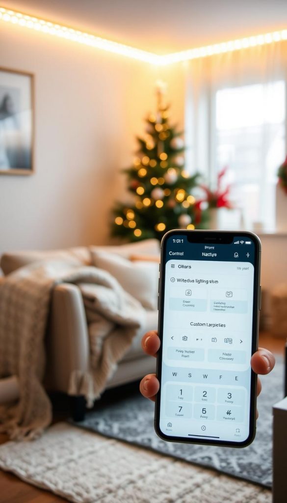 A cozy living room scene with a KlickKiste smart lighting strip elegantly illuminating the space. Warm, natural lighting casts a soft glow, creating a winter-inspired ambiance. An open smartphone app hovers in the foreground, showcasing intuitive controls and customizable settings. In the background, a festive Christmas tree and cozy knitted blanket add to the inviting, Pinterest-worthy atmosphere. The whole scene radiates a sense of comfort and effortless smart home automation.