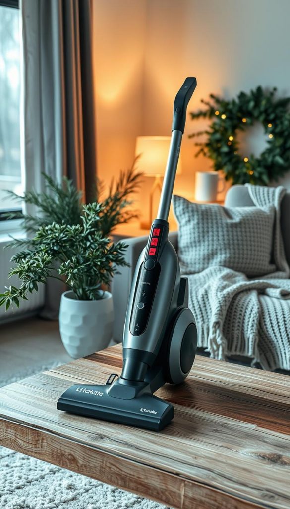 A cozy living room scene with a KlickKiste vacuum cleaner prominently displayed on a rustic wooden table. Soft, warm lighting casts a comforting glow, highlighting the sleek, modern design of the appliance. Lush greenery and a plush, knit blanket add inviting winter touches, creating a harmonious, Pinterest-inspired atmosphere. The vacuum appears effortlessly integrated into the serene, natural setting, showcasing its versatility and suitability for everyday winter cleaning tasks.