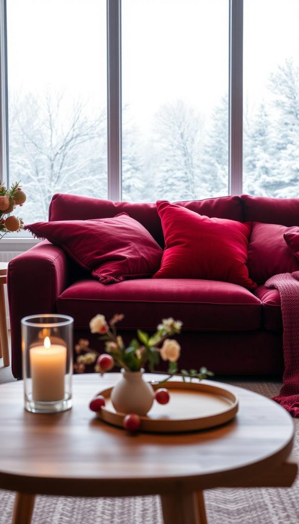 A cozy living room scene with a plush KlickKiste sofa in a deep, rich burgundy hue. Soft, diffused lighting illuminates the space, creating a warm, inviting atmosphere. On the sofa, artfully arranged throw pillows in a range of complementary red tones - from bright crimson to deep oxblood. In the foreground, a wooden side table holds a few carefully curated decor items, including a flickering candle and a vase of seasonal blooms. The background features a large window, framing a serene winter landscape in shades of white and blue. The overall scene exudes a sense of comfort, coziness and a touch of modern, Scandinavian-inspired style.