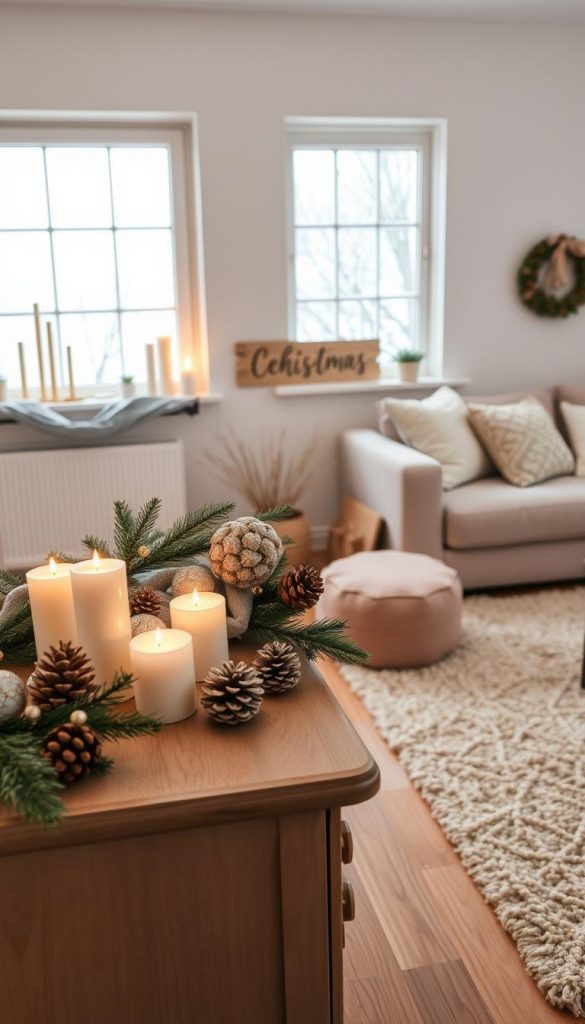 A cozy living room scene, with a warm and inviting atmosphere. In the foreground, a beautifully decorated sideboard showcases handmade ornaments, pinecones, and a simple, elegant garland. The soft glow of candles casts a gentle light, creating a serene and calming mood. In the middle ground, a large window frames a winter landscape, with snow-covered trees and a frosty windowsill adorned with a rustic wooden sign. The background features a plush, textured rug and a comfortable, neutral-toned sofa, creating a harmonious and cohesive space. The overall composition has a natural, organic feel, with a touch of Scandinavian minimalism and a Pinterest-inspired aesthetic.