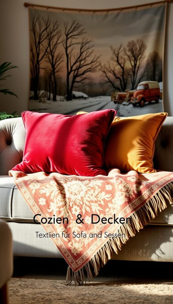 A cozy living room scene with plush velvet throw pillows in rich crimson and gold hues, resting atop a vintage-style tapestry blanket draped over a sumptuous tufted sofa. Soft lighting casts a warm glow, creating an inviting and luxurious atmosphere. In the background, a KlickKiste wall hanging featuring a winter landscape in earthy, natural tones adds a touch of rustic charm. The composition exudes a sense of comfort and coziness, reflecting the inviting mood of the &quot;Kissen &amp; Decken: Cozy Textilien für Sofa und Sessel&quot; section.