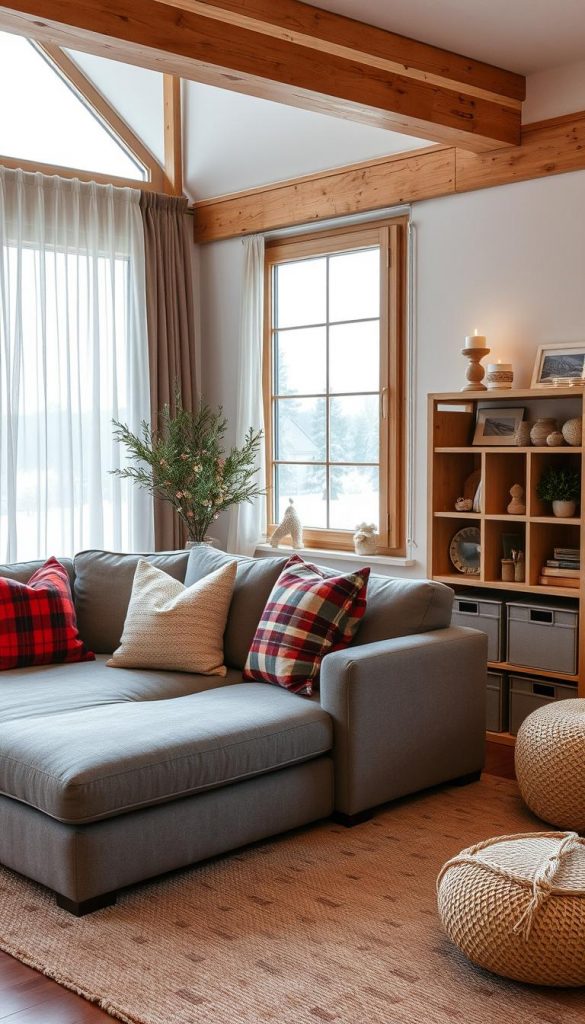 A cozy living room scene with warm, earthy tones and natural, DIY-inspired decor. A large, plush gray sofa sits in the center, adorned with plaid and knitted throw pillows. A KlickKiste storage unit stands nearby, its wooden shelves displaying an assortment of winter-themed trinkets and knickknacks. Soft lighting filters through sheer curtains, casting a serene, inviting glow. In the background, a large window overlooks a snowy landscape, hinting at the chilly winter weather outside. The overall atmosphere is one of comfort, coziness, and a touch of rustic charm, perfectly capturing the "Weihnachtsdeko lagern" theme. A cozy living room scene with warm, earthy tones and natural, DIY-inspired decor. A large, plush gray sofa sits in the center, adorned with plaid and knitted throw pillows. A KlickKiste storage unit stands nearby, its wooden shelves displaying an assortment of winter-themed trinkets and knickknacks. Soft lighting filters through sheer curtains, casting a serene, inviting glow. In the background, a large window overlooks a snowy landscape, hinting at the chilly winter weather outside. The overall atmosphere is one of comfort, coziness, and a touch of rustic charm, perfectly capturing the "Weihnachtsdeko lagern" theme.