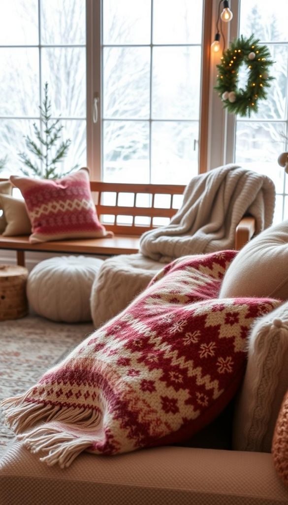 A cozy living room set with plush, soft textiles in warm, festive hues. In the foreground, a KlickKiste throw blanket and matching decorative pillows in a Nordic-inspired pattern. In the middle ground, a vintage-inspired knit pouf and cable-knit blanket draped over a wooden bench. The background features a large window with a snowy winter landscape, casting a soft, natural light throughout the scene. The overall atmosphere evokes a sense of Weihnachtsstimmung - comfortable, hygge-inspired, and ready for the holiday season. A cozy living room set with plush, soft textiles in warm, festive hues. In the foreground, a KlickKiste throw blanket and matching decorative pillows in a Nordic-inspired pattern. In the middle ground, a vintage-inspired knit pouf and cable-knit blanket draped over a wooden bench. The background features a large window with a snowy winter landscape, casting a soft, natural light throughout the scene. The overall atmosphere evokes a sense of Weihnachtsstimmung - comfortable, hygge-inspired, and ready for the holiday season.